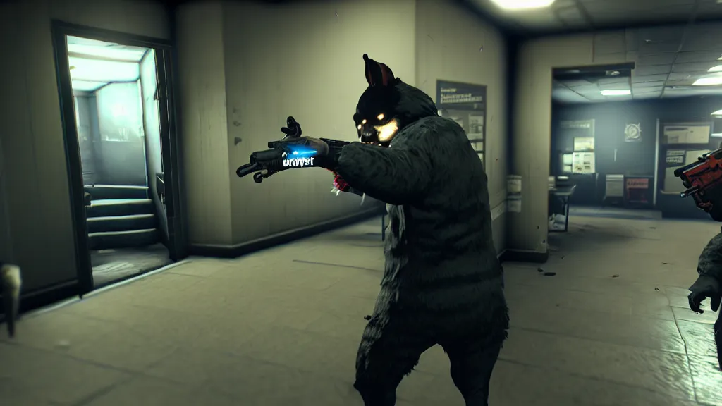 Image similar to Screenshot from the PC game Payday 2 demonstrating the fursuit unlock