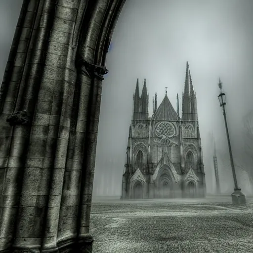 Image similar to gothic cathedral, etherial mist, scary