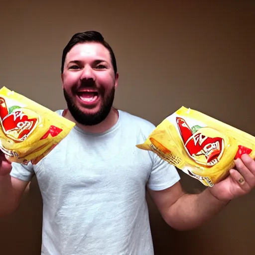 Image similar to A redditor raising his hands in victory, smiling exuberantly, and surrounded by empty Hot Pocket wrappers