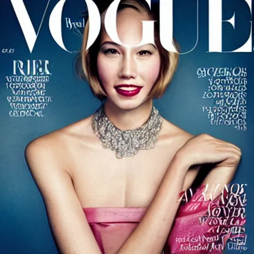 Prompt: representation of a young woman with a happy face in the year 2012 in vogue magazine cover