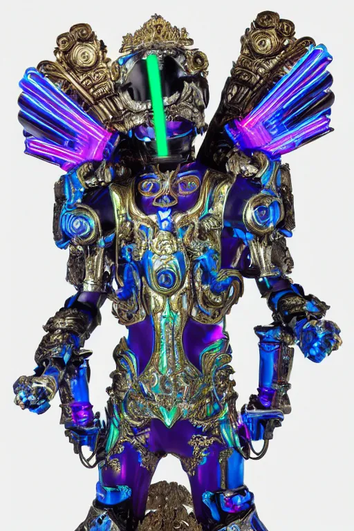 Image similar to full-body sculpture of a young handsome Latino prince as a half cibernetic android with a glowing blue battery in his chest, white laser beam coming out of his eyes, crown of giant diamonds, flowing neon-colored silk, fabric, raptors, in a cyperbunk and baroque style. baroque elements. full-length view. baroque element. intricate artwork by caravaggio. many many birds birds on background. Trending on artstation, octane render, cinematic lighting from the right, hyper realism, octane render, 8k, depth of field, 3D