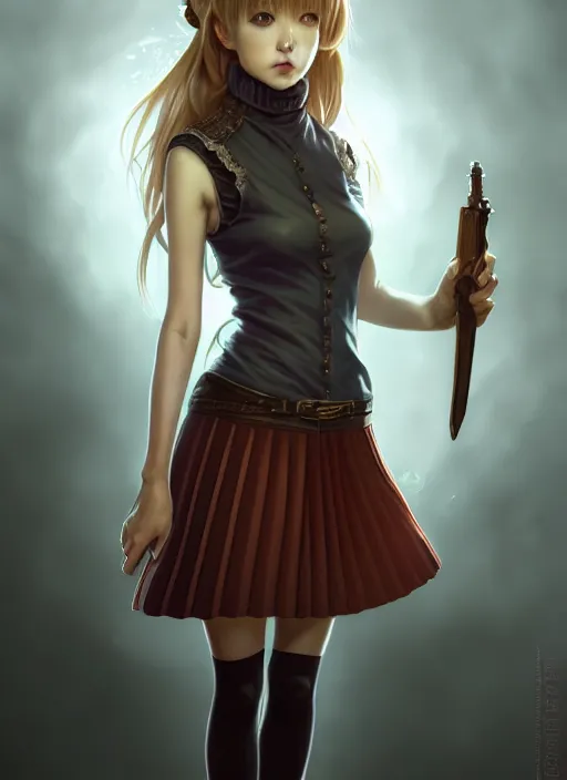 Image similar to portrait of a full body of beautiful young female detective, d & d, sleeveless turtleneck, pleated skirt, fantasy, flat lighting, intricate, highly detailed, digital painting, artstation, concept art, smooth, sharp focus, illustration, misa amane, art by simon bisley and greg rutkowski and alphonse mucha, natural tpose