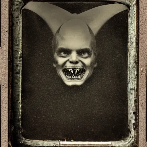 Image similar to demon human with shark jaws, with an evil grin. portrait, tintype, realistic. scary.