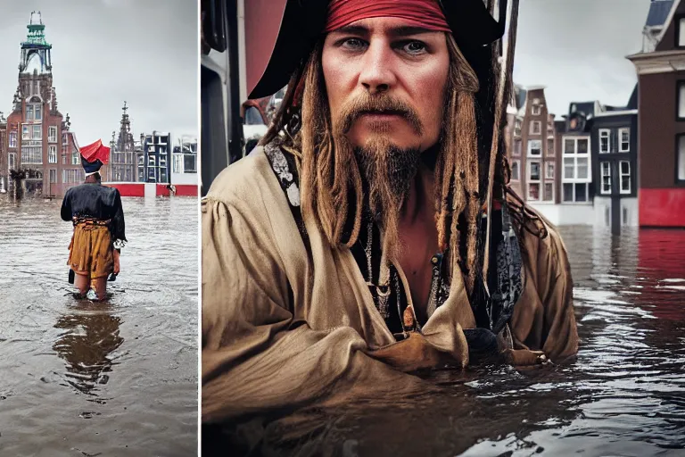 Prompt: closeup potrait of a pirate on a ship in a flooded amsterdam street, photograph, natural light, sharp, detailed face, magazine, press, photo, Steve McCurry, David Lazar, Canon, Nikon, focus