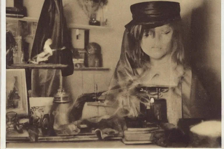 Image similar to polaroid 1 9 8 0's photo, close up portrait, dramatic lighting, concentration, calm confident teen witch and her cat with tarot card on the table in front of her, incense smoke fills the air, a witch hat and cape, apothecary shelves in the background, still from harry potter