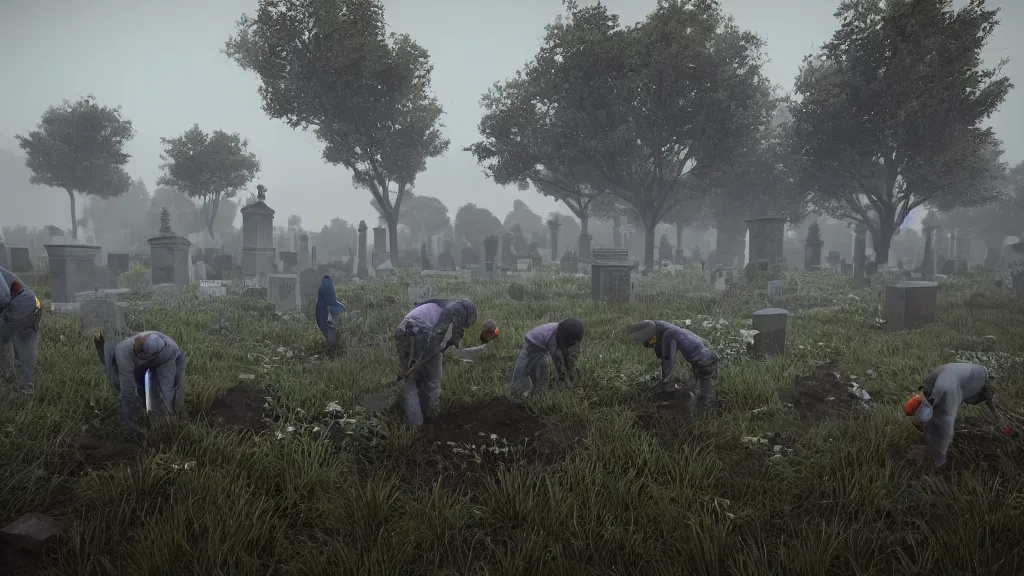 Prompt: men digging graves in graveyard on a cloudy night, unreal engine,