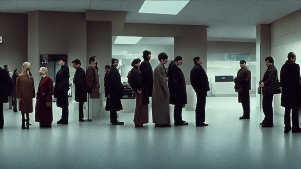 Image similar to the strange creature in line at the bank, film still from the movie directed by Denis Villeneuve with art direction by Salvador Dalí, wide lens