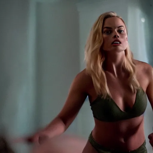 Image similar to Margot Robbie as real-life Hulk, cinematic, Wide-shot, atmospheric lighting, directed by Quentin Tarantino, extreme detail, 8K, movie still