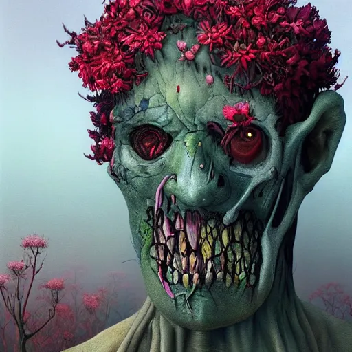 Image similar to a nature portrait of a p - zombie!!! natural lighting art dawn. highly detailed. colourful. moody. artstation, 4 k, by gerald brom zdzisław beksinski, and ansel adams and studio ghibli, horror, lots of sakura flowers, lovely