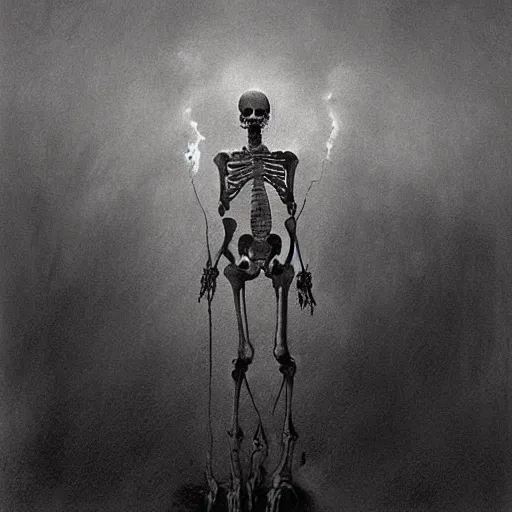 Image similar to grayscale art of skeletons on fire by Zdzislaw Beksinski