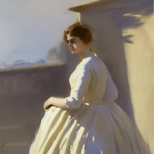 Image similar to a portrait headshot matte painting of beautiful woman in dress walking on street by John Singer Sargent, fine details