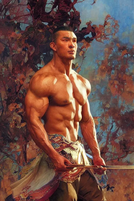 Image similar to attractive muscular man, wuxia, colorful, painting by gaston bussiere, craig mullins, greg rutkowski, alphonse mucha