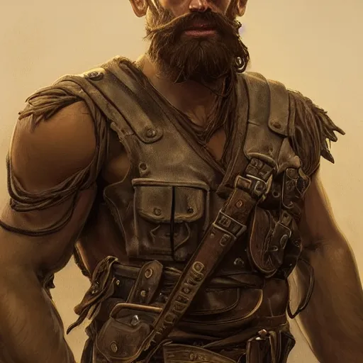 Prompt: portrait of a rugged ranger, 2 5 years old, handsome, muscular, upper body, leather, hairy torso, d & d, fantasy, intricate, elegant, highly detailed, digital painting, artstation, concept art, smooth, sharp focus, illustration, art by artgerm and greg rutkowski and alphonse mucha