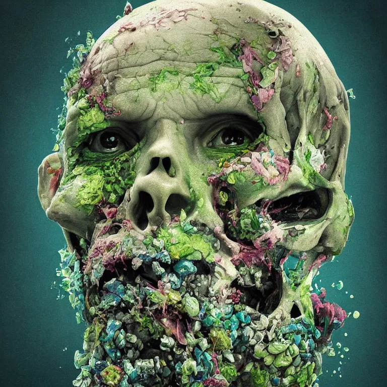 Image similar to A beautiful oil painting hyperrealism of a decayed zombie head, green bulging eyes, rotten green skin, grey beard, blue veins, skull bones flowers, 8k resolution, octane render, Trending on artstation, by Gediminas Pranckevicius, volumetric light 2blue fractal Thunder glow by dan mumford, anaglyph effect, Laurie Lipton