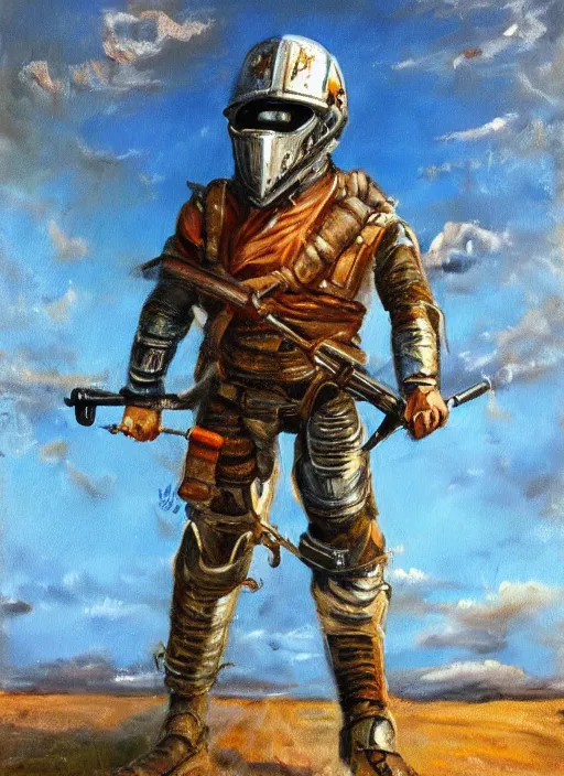 Prompt: a detailed painting of a man in post apocalyptic home made armour and a helmet holding a modified shotgun walking around a wasteland with a blue sky walking towards a sunset. hd. 1 9 5 0 s oil painting style.