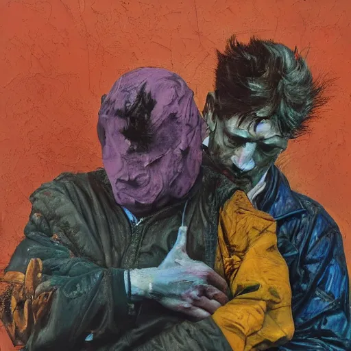 Prompt: high quality high detail painting of two men in agony in the city streets of london by lucian freud and jenny saville and francis bacon and norman rockwell and malcom liepke and nicola samori, hd, turquoise and purple and orange and pink, dark atmosphere