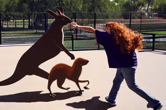 Prompt: weird al fighting a kangaroo in a playground