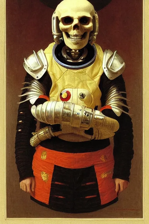 Image similar to portrait of a skull man astronaut with chinese dragon armor and helmet, majestic, solemn, by bouguereau