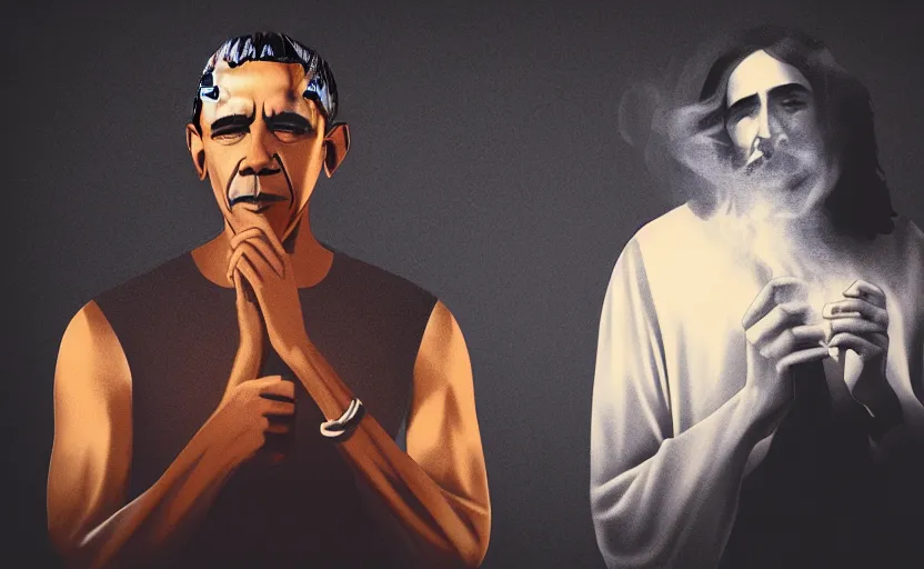 Image similar to Obama and Jesus smoking out by Beeple; 4K; 8K