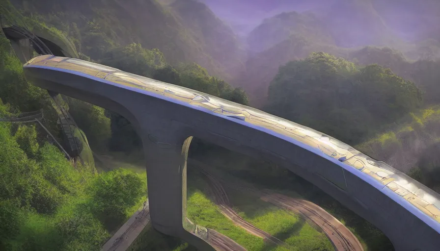 Image similar to futuristic train driving over futuristic aqueduct, green hills, matte painting, artstation, sunrise, blue sky, drone view