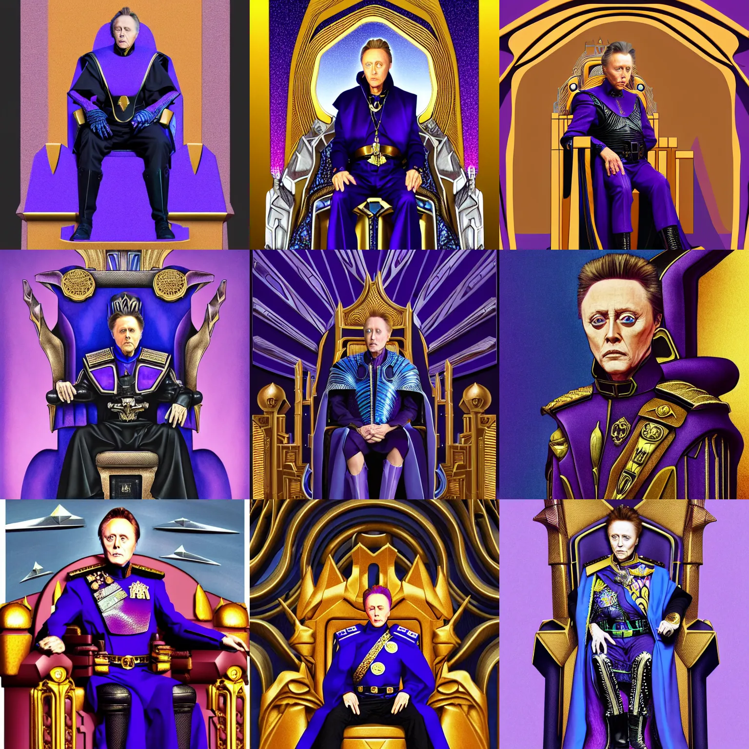 Prompt: Establishing shot of Christopher Walken as Emperor Shaddam IV in Dune, with blue eye-sclera, wearing futuristic ornate purple regal leather uniform, with two golden-lion-emblems on uniform, sitting on a throne inside a futuristic cubist-Gaudi hall, trending on Artstation