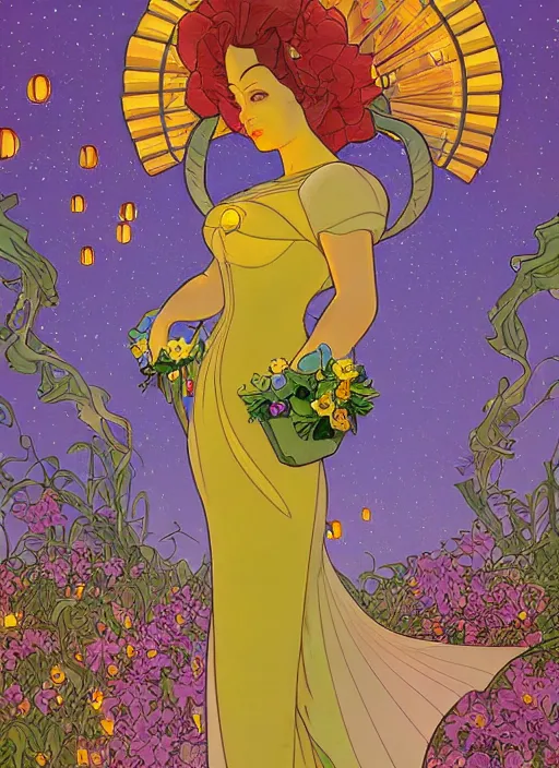 Prompt: well - lit art nouveau portrait of marge simpson with hair blowing in the wind in a flower garden with lanterns and fireflies at night,, natural lighting, path traced, highly detailed, high quality, cartoon, digital painting, by don bluth and alphonse mucha and ross tran