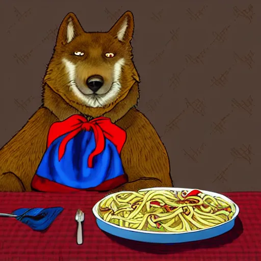 Prompt: a fat blue wolf wearing a red neckerchief eating pasta, digital art