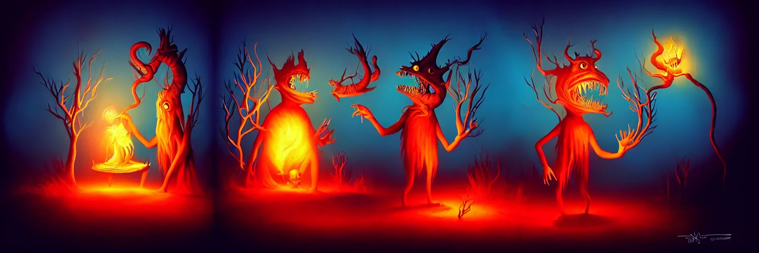 Image similar to whimsical creature freaks from the depths of the imagination, dramatic lighting from fire glow, surreal dark uncanny painting by ronny khalil