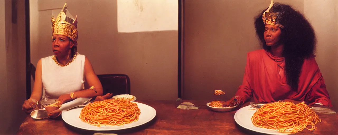 Image similar to queen hatshepsut of punt, enjoying a feast of spaghetti, in the style of diane arbus, canon 5 0 mm, kodachrome, retro