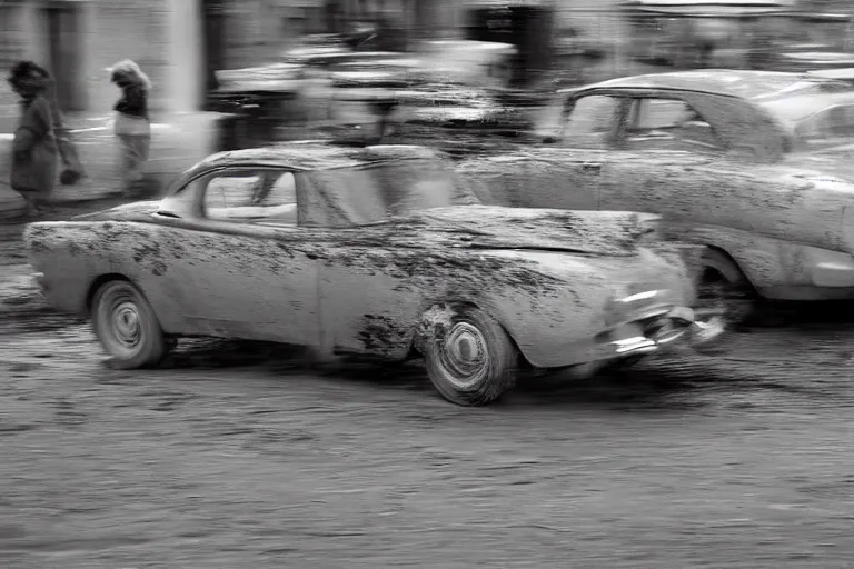 Prompt: street photography by saul leiter, in a high quality muddy new york street, award winning photo of an ultra detailed high quality dirty vintage ford car speeding very fast on mud, fast shutter speed, motion blur, tiny gaussian blur, highly detailed, highly intricate, depth of field, trending on top gear