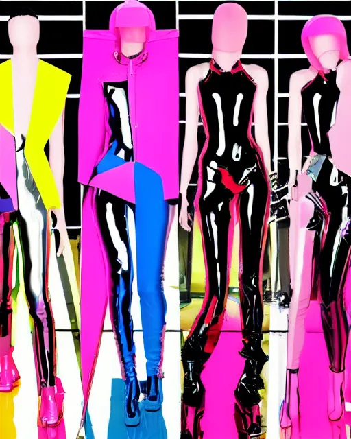 Image similar to a leaked screenshot of Balenciaga's fall 2049 fashion week, prismatic, dazzle camouflage!, dayglo pink, dayglo blue, Bladerunner, cyberpunk