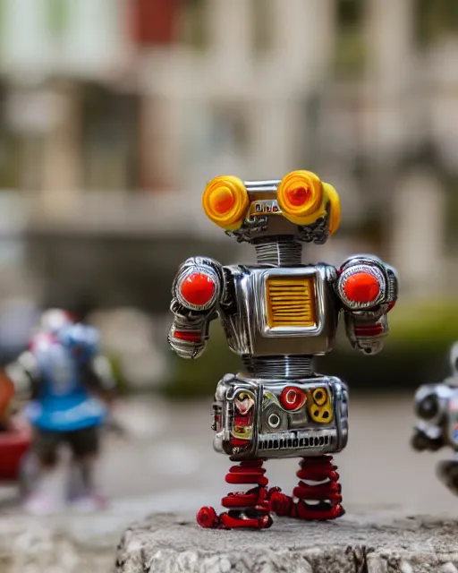 Image similar to high quality presentation photo of a a detailed miniature diorama of retro toy robots invading a detailed model of a 1950s town, photography 4k, f1.8 anamorphic, bokeh, 4k, Canon, Nikon