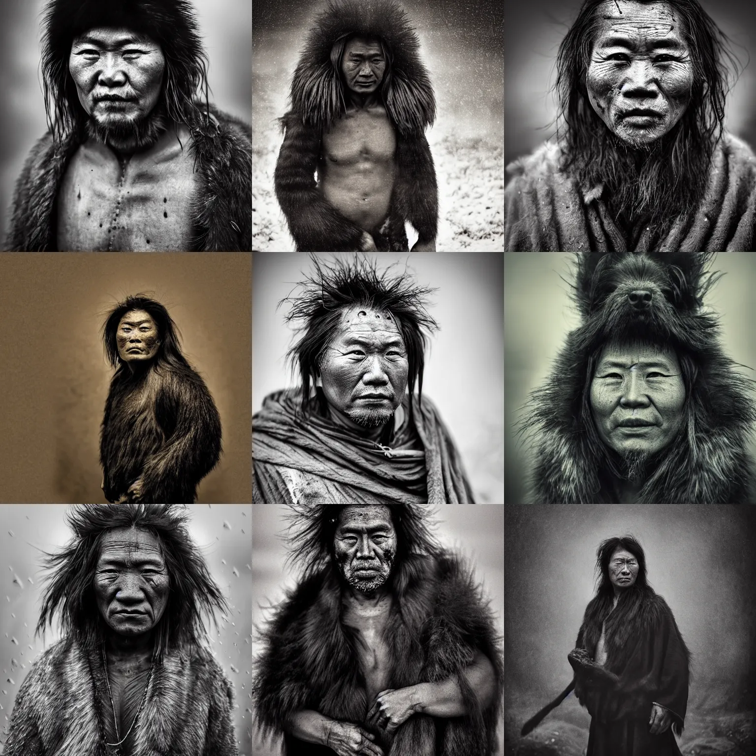 Prompt: Award Winning reportage Full-body Portrait of a Early-medieval weathered native Chinaman in the rain with incredible hair and beautiful eyes wearing animal furs and traditional garb with Black Tibetan Mastiff dogs around by Lee Jeffries, 85mm ND 4, perfect lighting, gelatin silver process