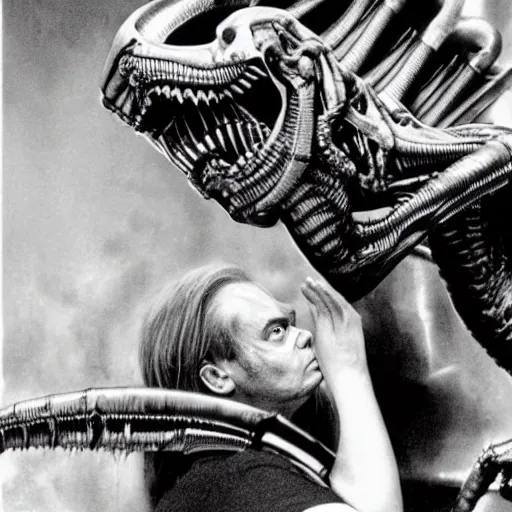 Image similar to photoreal portrait of hr giger becoming a xenomorph