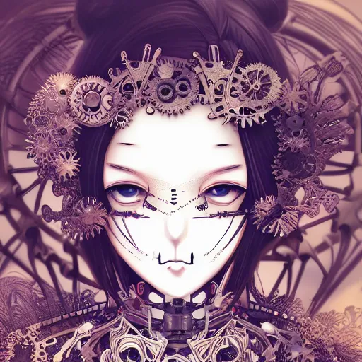 Image similar to surreal manga anime photo portrait of complex bio-mechanical beautiful young female skeletal cyborg with a Mandelbrot fractal steampunk metal fine lace face, retrofuturistic depressing, floral foliage super big lace collar, rococo, steampunk, 8k