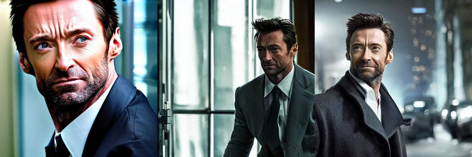 Prompt: close-up of Hugh Jackman as a detective in a movie directed by Christopher Nolan, movie still frame, promotional image, imax 70 mm footage