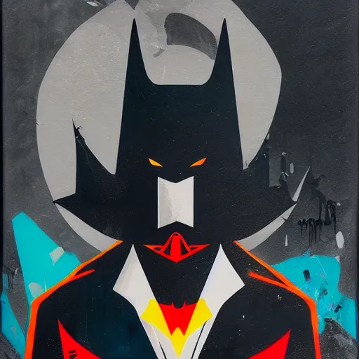 Prompt: Vampiric Batman by Mimmo Rotella , dark vibes, Organic Painting , Matte Painting, geometric shapes, hard edges, graffiti, street art:2 by Sachin Teng:4