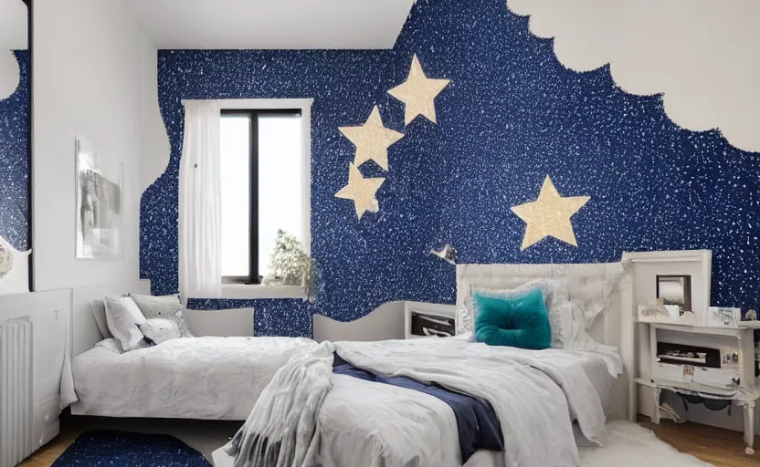 Image similar to a bedroom made of dreams and crescent moons and stars