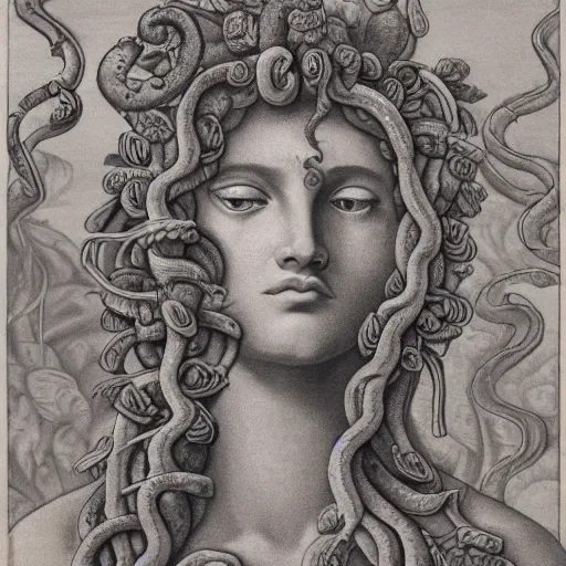 Image similar to detailed, portrait of medusa, surrounded by lotus flowers and snakes