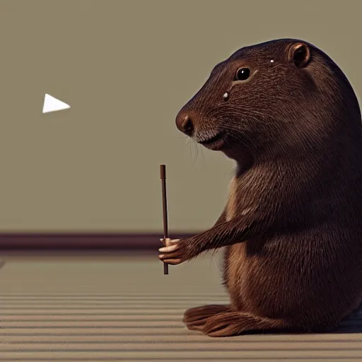 Image similar to brown marmot in a tuxedo while holding a pencil looks to the camera, pixar character, digital art, 3 d rendered in octane, blender, maya, shadows, lighting, cute