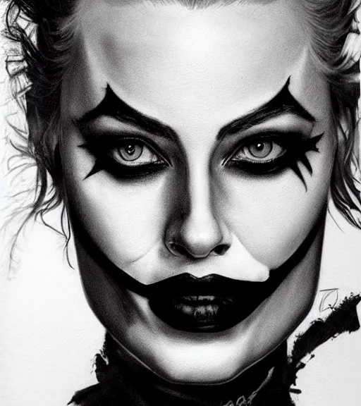 Image similar to tattoo design sketch of beautiful margot robbie portrait with joker makeup, in the style of den yakovlev, realistic face, black and white, realism tattoo, hyper realistic, highly detailed