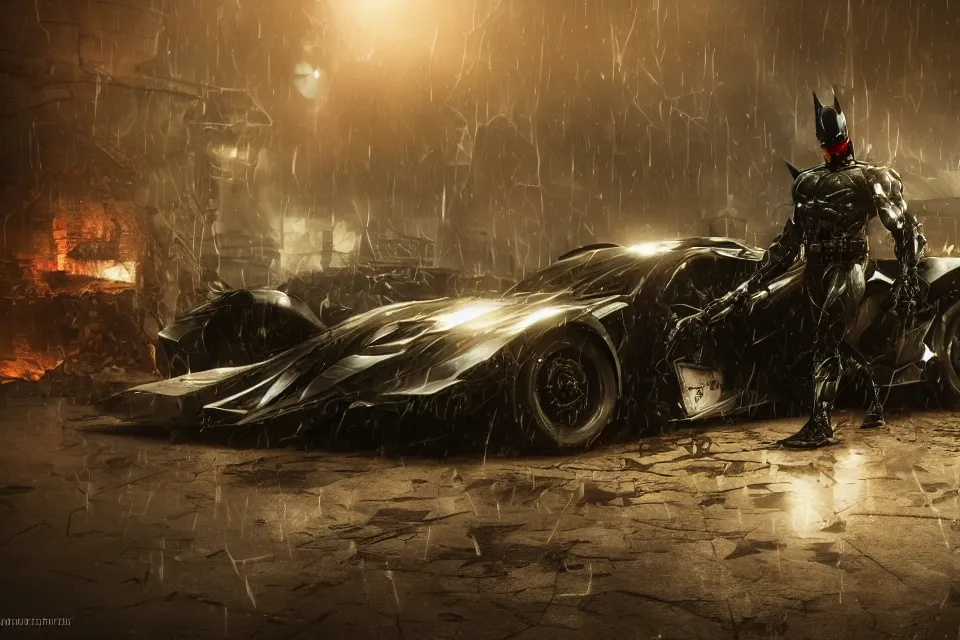 Prompt: The Batman Who Laughs and His Psycho Batmobile, hyperrealistic, octane render, Bokeh, HDR, Yasushi Nirasawa Style