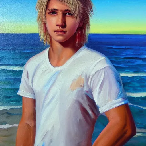 Prompt: a teen guy with a blonde mullet, portrait, sunset, ocean in distance, oil painting, pale colors, high detail, 8 k, wide angle, trending on artstation,