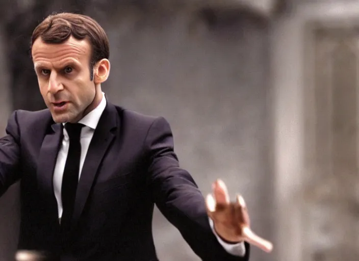 Image similar to hyper realistic, production still of emmanuel macron playing neo in matrix ( 1 9 9 9 ), 4 k, highly detailed, anamorphic