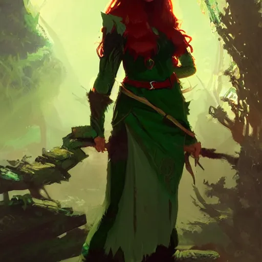 Image similar to a beautiful elf Druid girl with red hair and glowing green eyes , trending on ArtStation , concept art by greg rutkowski