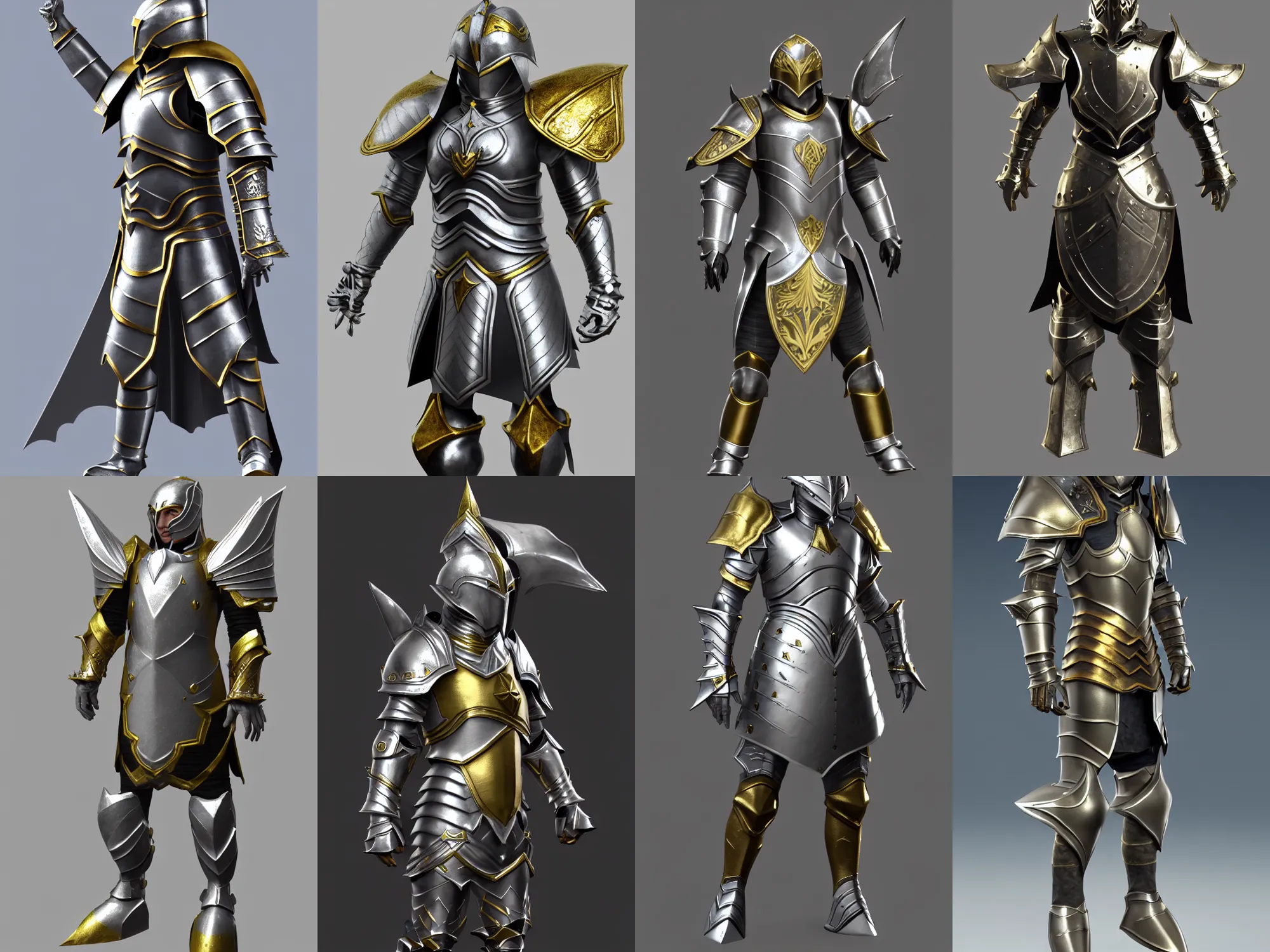 Prompt: render of noble fantasy hero armor, silver with gold trim, huge pauldrons, medieval fantasy, extremely clean, flat shading, exaggerated proportions, trending on Artstation, heroic fantasy character concept, HD Octane render, 8k