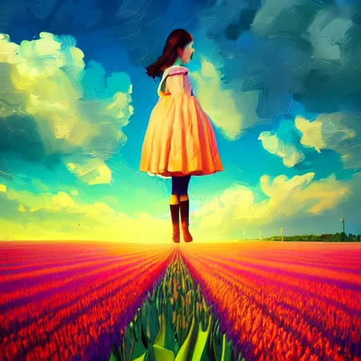 Image similar to girl with a giant tulip head, surreal photography, flower field, sunset dramatic light, impressionist painting, colorful clouds, blue sky, digital painting, artstation, simon stalenhag