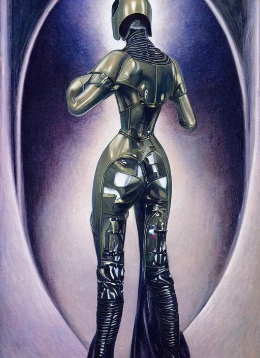 Image similar to full body portrait of beautiful gothic and futuristic fashion model, elegant smooth space armour, cyber armour, scifi helmet, highly detailed, artstation, illustration, composition, 8 k quality, art by jean delville, rene magritte, hyperrealism oil painting