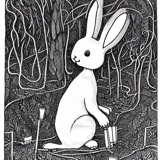 Image similar to precisely drawn, fine detailed, intense line work, drawing of a white bunny smoking a big cigarette in the deep tangled forest, by edward gorey, 3 d isotmetric, black ink on white paper