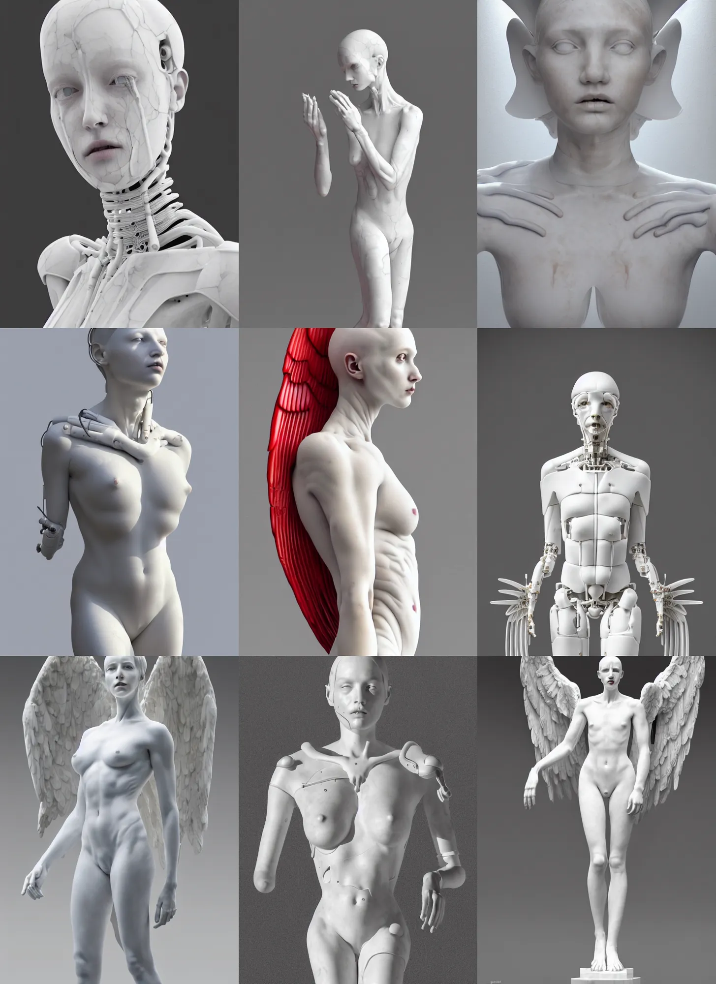 Prompt: a statue made of white marble by hermann nitsch, of an gorgeous futuristic cybernetic angel girl, prostheses, transhumanism, full body shot, perfect symmetrical body, perfect symmetrical face, hyper realistic, hyper detailed, by johannen voss, by peter kemp, by monia merlo, by michelangelo, octane render, blender, 8 k